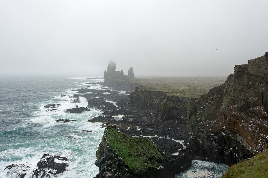 Lóndrangar basalt towers in summer, Snæfellsnes