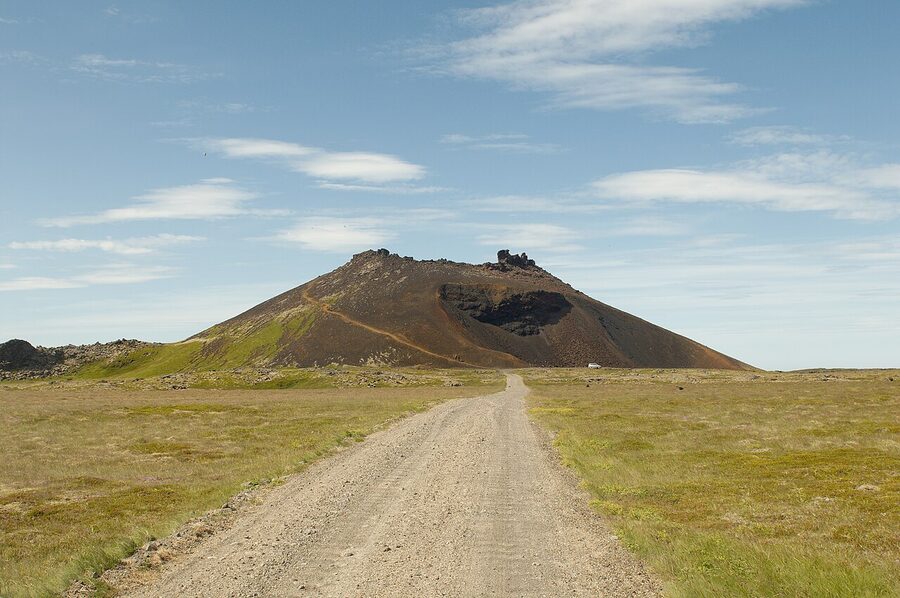Saxhóll crater and the metal staircase to its rim