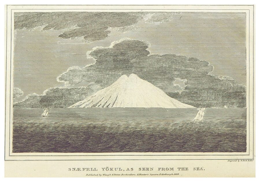 Engraving of Snæfellsjökull from the sea, 1819