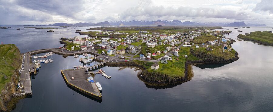 Aerial view of Stykkishólmur harbour and the colourful houses on the headland