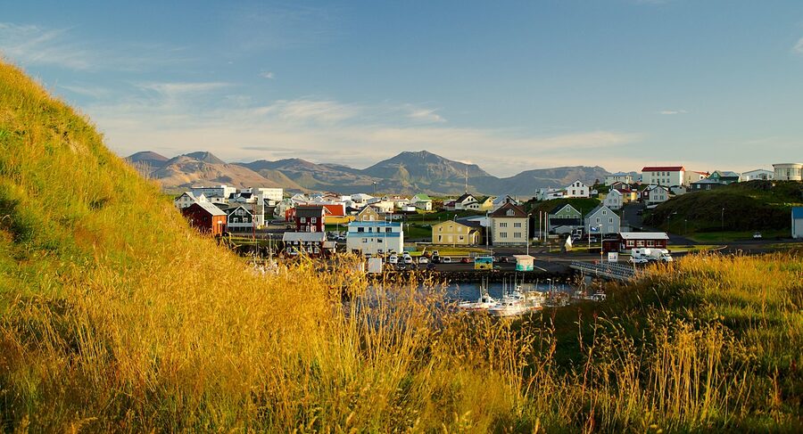 Stykkishólmur harbour with traditional Icelandic painted houses and fishing boats