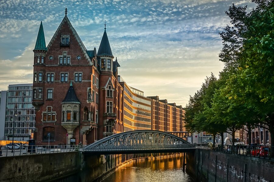 Speicherstadt warehouses lining a canal at midday