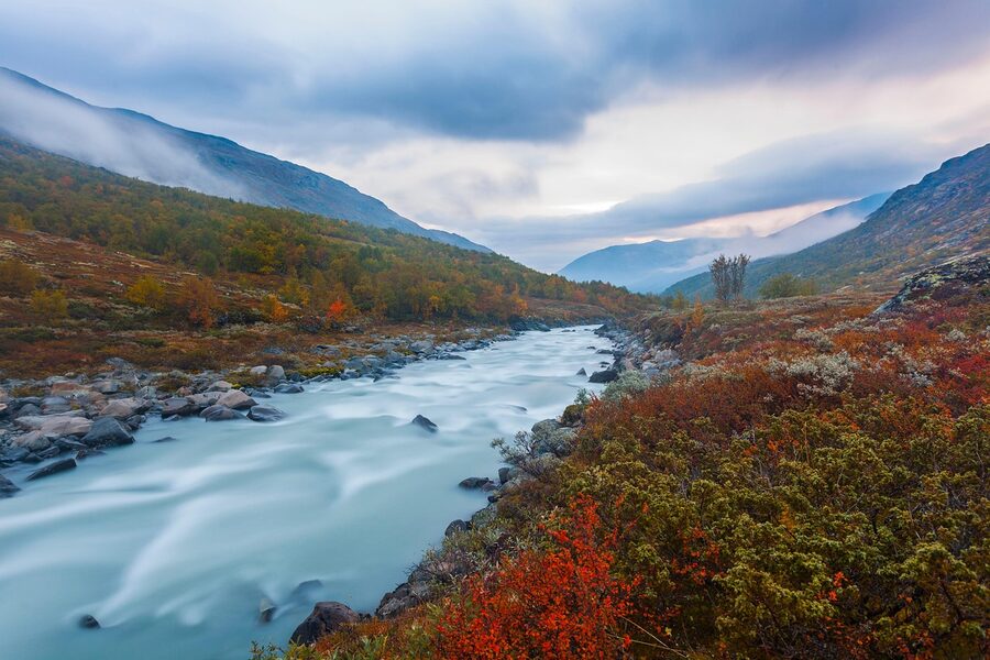 Norwegian valley with stream and early spring colour