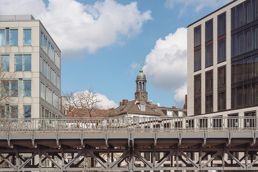 The baroque tower of St Michaelis Church seen from the harbour
