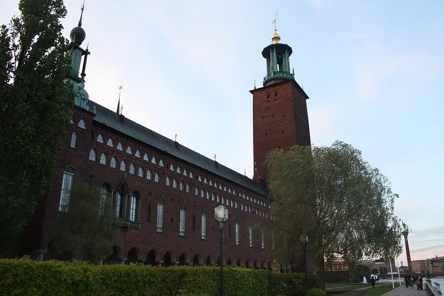 Stockholm City Hall tower from the Riddarfjärden side, with the three crowns on top