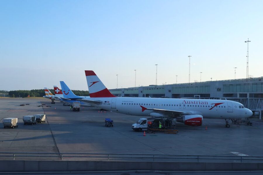 Airport runway in Norway with parked planes