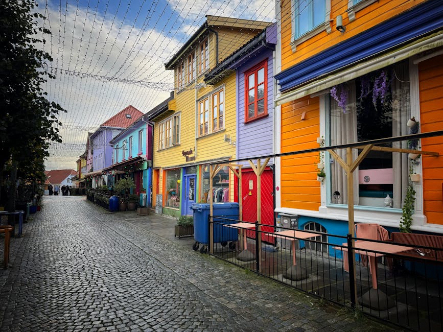 Cobbled street with wooden houses in Stavanger