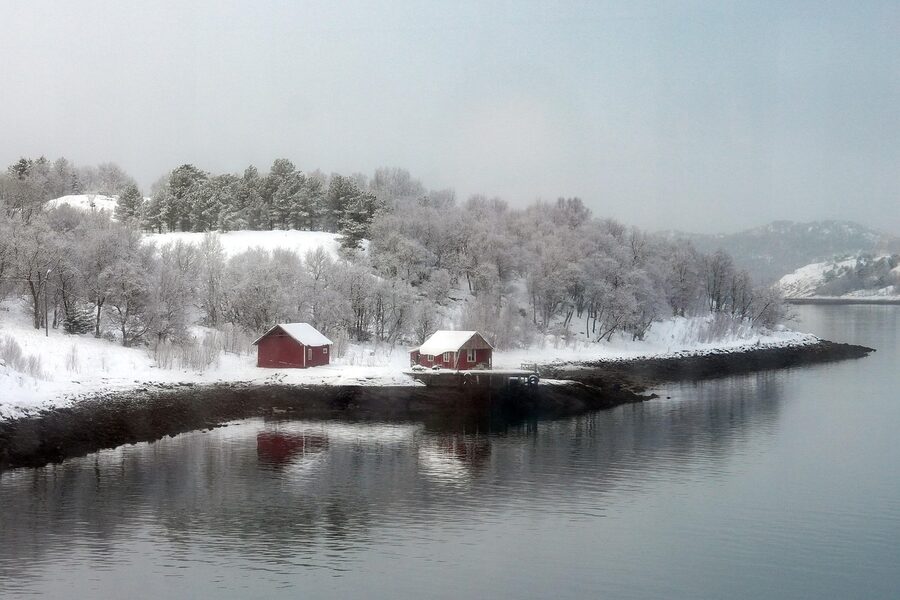 Norwegian winter scene with snow on the rocks