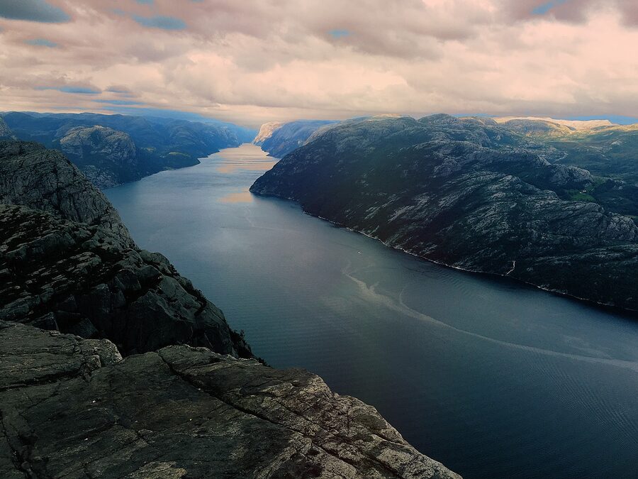 Preikestolen cliff above the blue Lysefjord