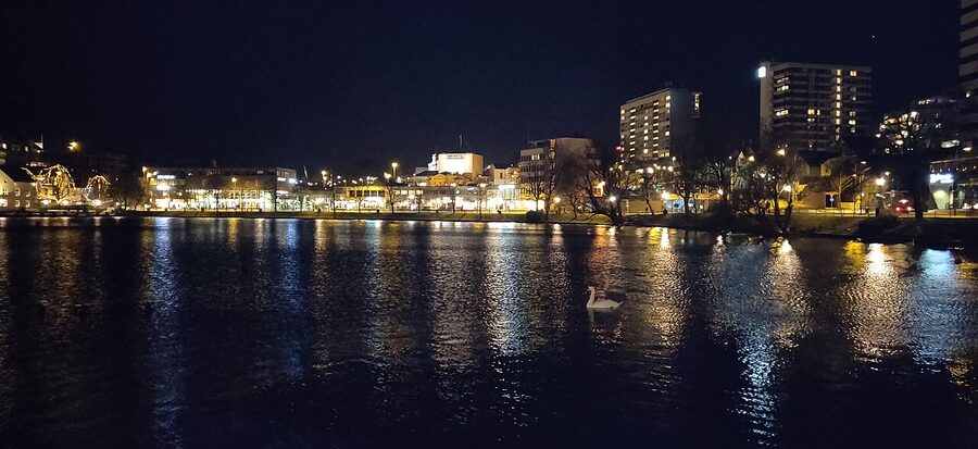 Stavanger Bay at dusk with lights on the water