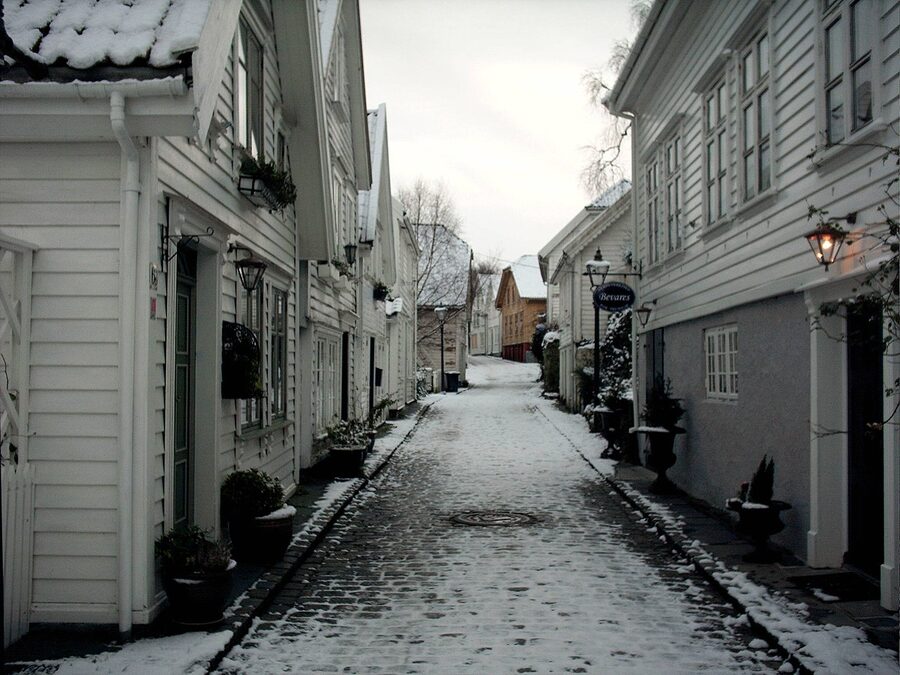 Old town Stavanger with cobbled lane and houses