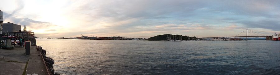 Panorama of Stavanger harbour with white wooden houses