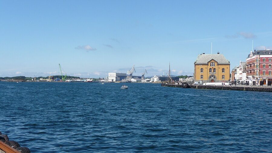 Stavanger viewed from the harbour with the cathedral spire