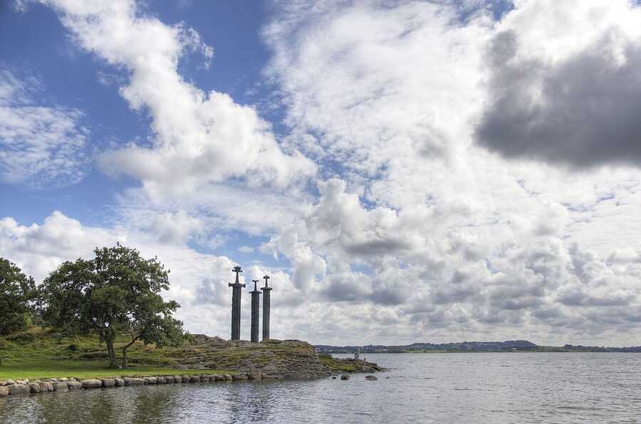 Sverd i Fjell three sword monument by Hafrsfjord, Stavanger
