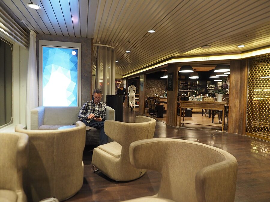 Cabin corridor on Viking Mariella at night