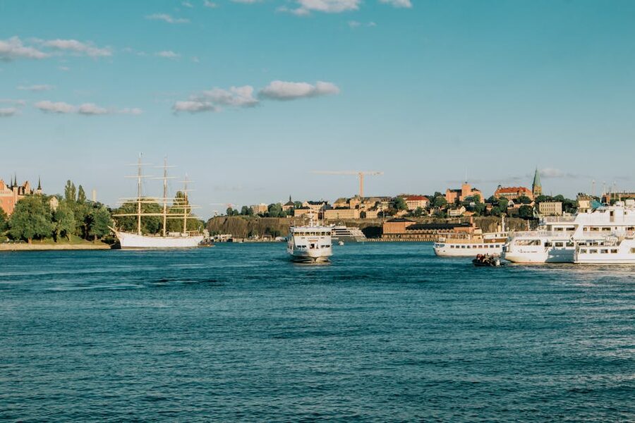 Stockholm skyline from the water with boats in the foreground