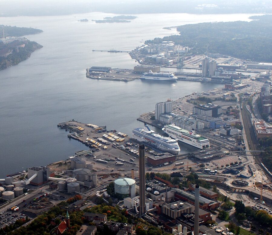 Aerial view of Värtahamnen ferry terminal in Stockholm