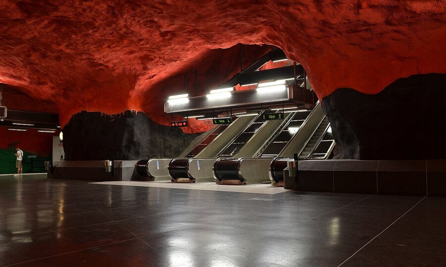 Solna Centrum red ceiling Stockholm metro