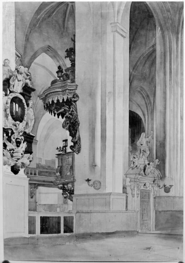 19th-century painting of the interior of Storkyrkan Stockholm Cathedral with vaulted ceilings and altar