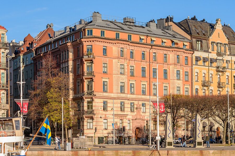 Strandvägen waterfront in Östermalm with grand 19th-century apartment buildings and trees