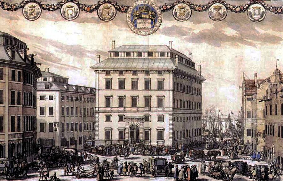 17th-century engraving of Stockholm's Södra Bancohuset and surrounding buildings from Erik Dahlbergh's Suecia Antiqua
