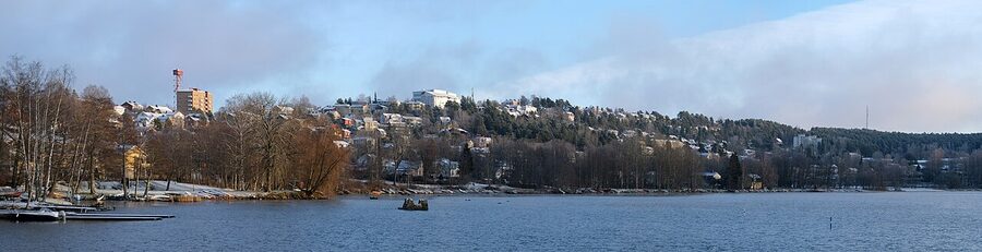 Pispala's painted wooden houses photographed from across the lake in summer