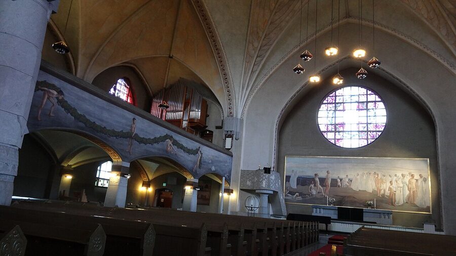 Interior of Tampere Cathedral with Hugo Simberg's frescoes