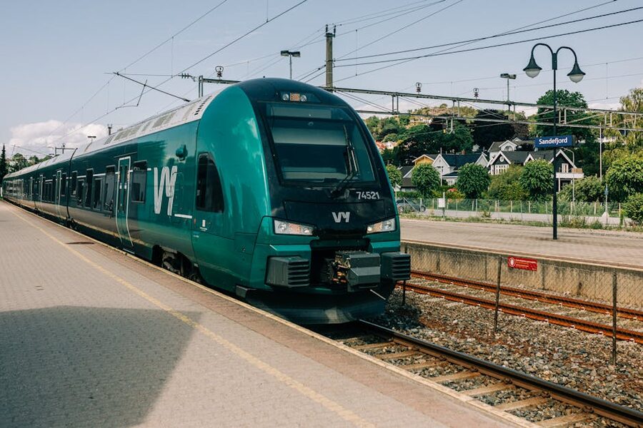 Vy passenger train at a Norwegian station