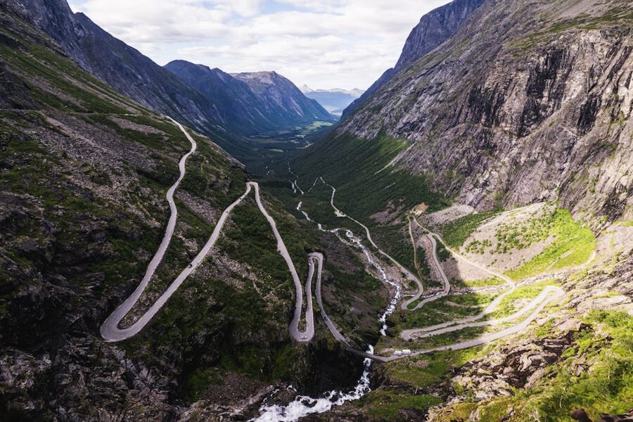 Trollstigen pass road from above with hairpin sequence visible