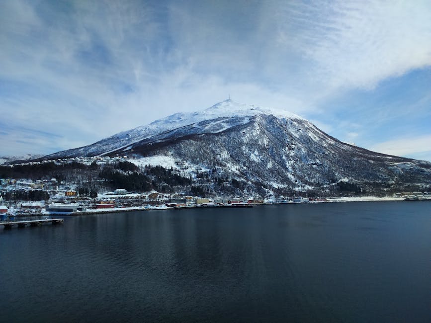 Snow-capped mountain reflected in a Narvik fjord