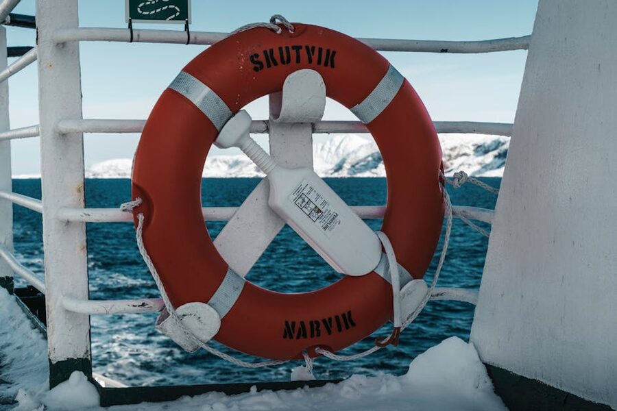 Lifebuoy on a Norwegian ferry in winter
