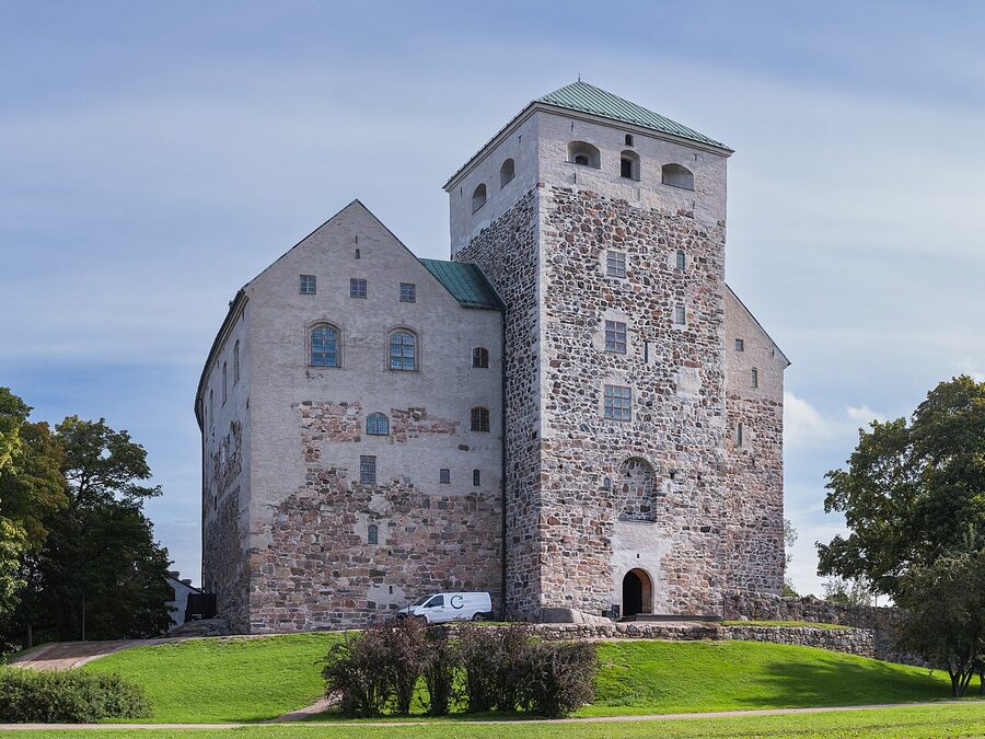 The grey stone walls of Turku Castle from a different angle showing the keep