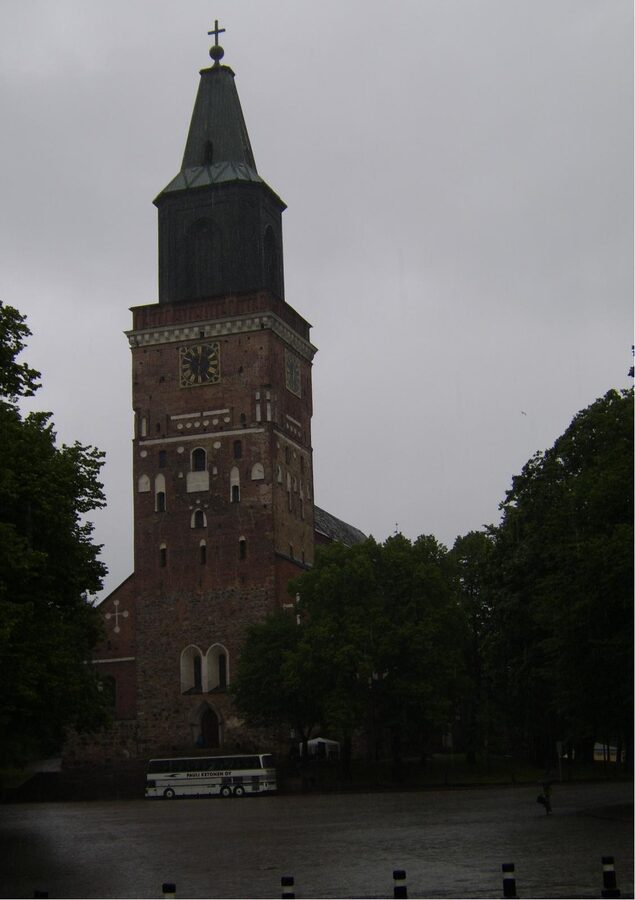 Turku Cathedral exterior with snow on the cathedral square