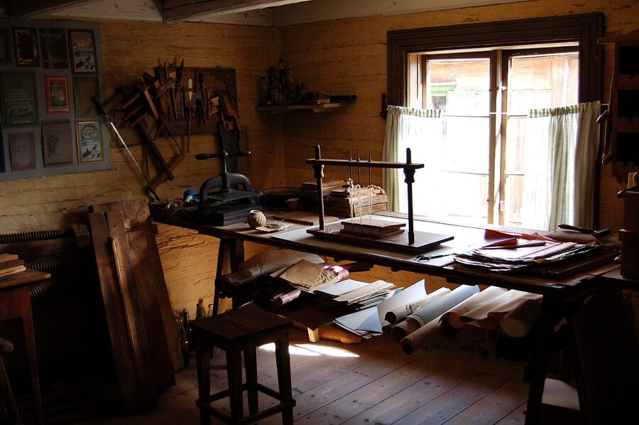Interior of a Luostarinmäki workshop showing 18th-century craftsman tools