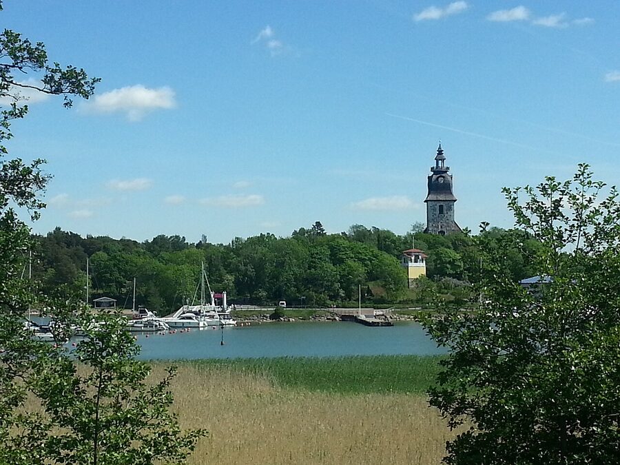 A view from Moominworld showing the wooden bridge back to Naantali