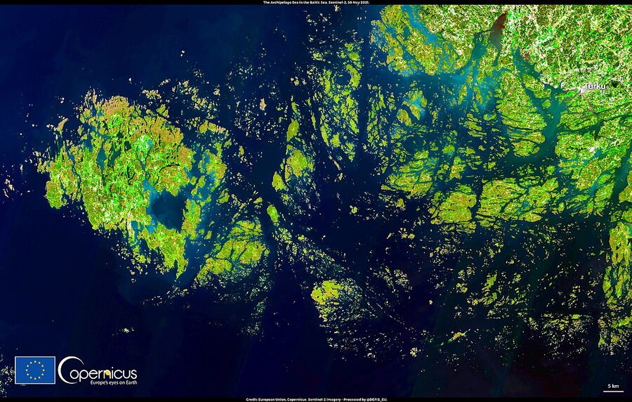 A satellite view of the Archipelago Sea showing the dense scatter of small islands