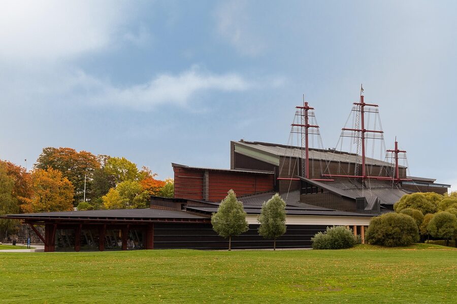 Vasa Museum exterior with the three masts and the distinctive copper roof