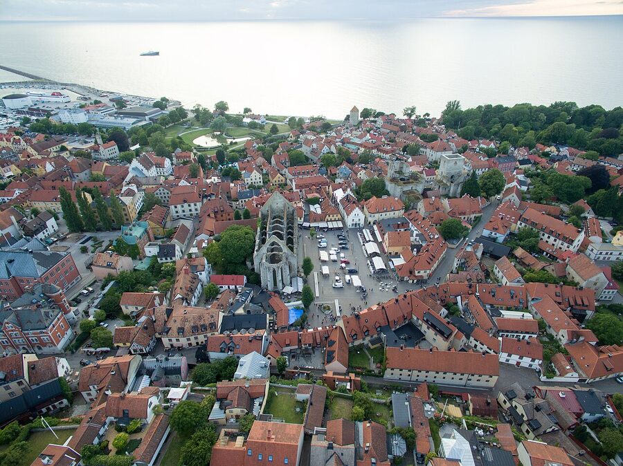 Aerial view of Visby old town and the medieval city wall, Gotland, Sweden