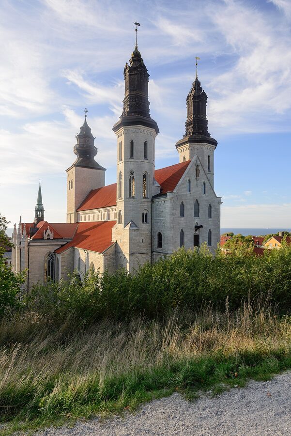 The three towers of Visby Cathedral seen from the upper town