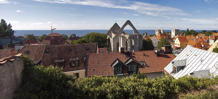 Panoramic view of Visby from the upper-town terrace at Klinten