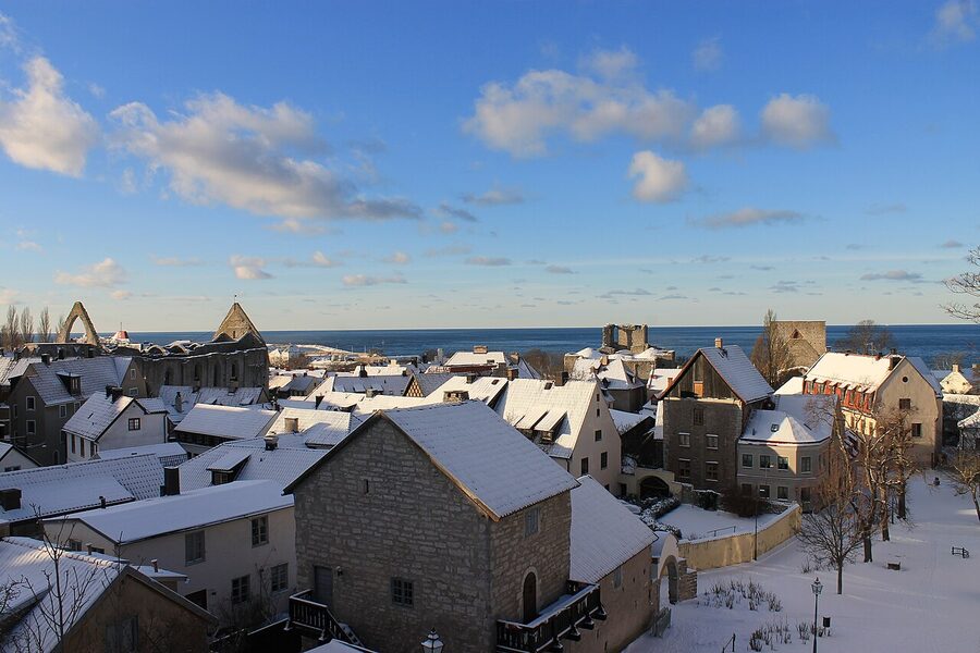 Snow on Visby's old town in winter