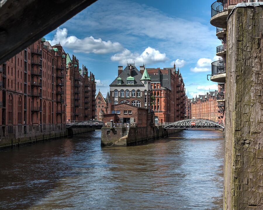 The Wasserschloss in daylight, viewed from Poggenmuhlenbrucke