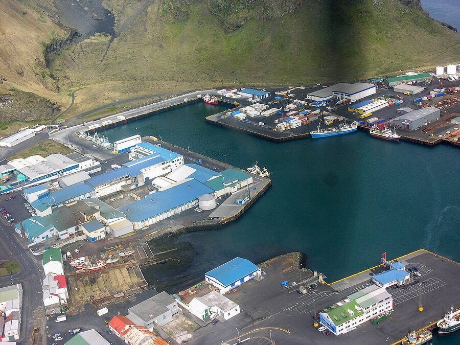 Vestmannaeyjar town and harbour from above